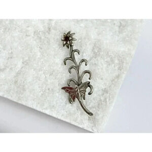 Vintage Silver Tone Flower Stem & Butterfly Retro Hippie Brooch Pin